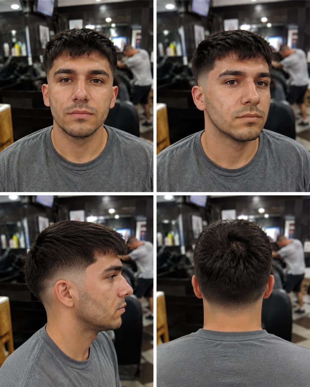 El mismo hombre con un textured crop y un low fade, generado de frente, de ambos lados y por detrás